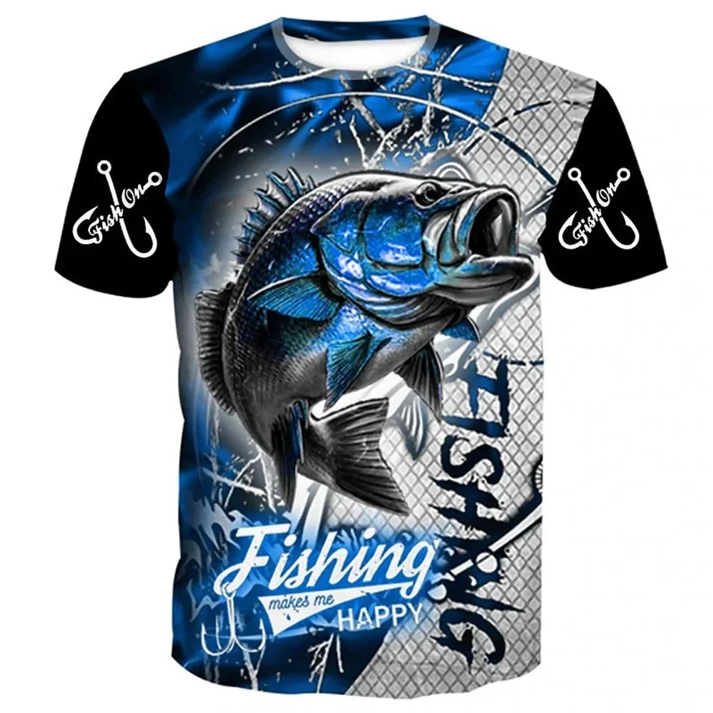 Men's Summer Fashion 3D Print Go Fishing Picture T-Shirt Casual Hip Hop Personality round Neck Short Sleeve Top