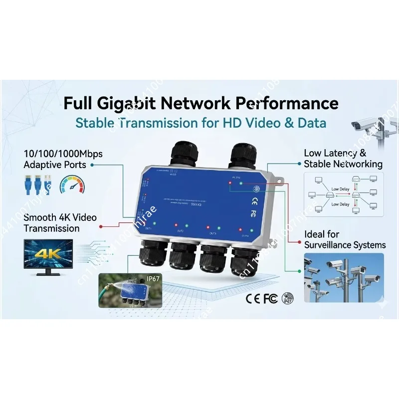 1 Port Outdoor Waterproof PoE Extender 10/100/1000M 1 In 4 Out IEEE802.3af at bt 90W Ethernet Repeater For Surveillance IPCamera