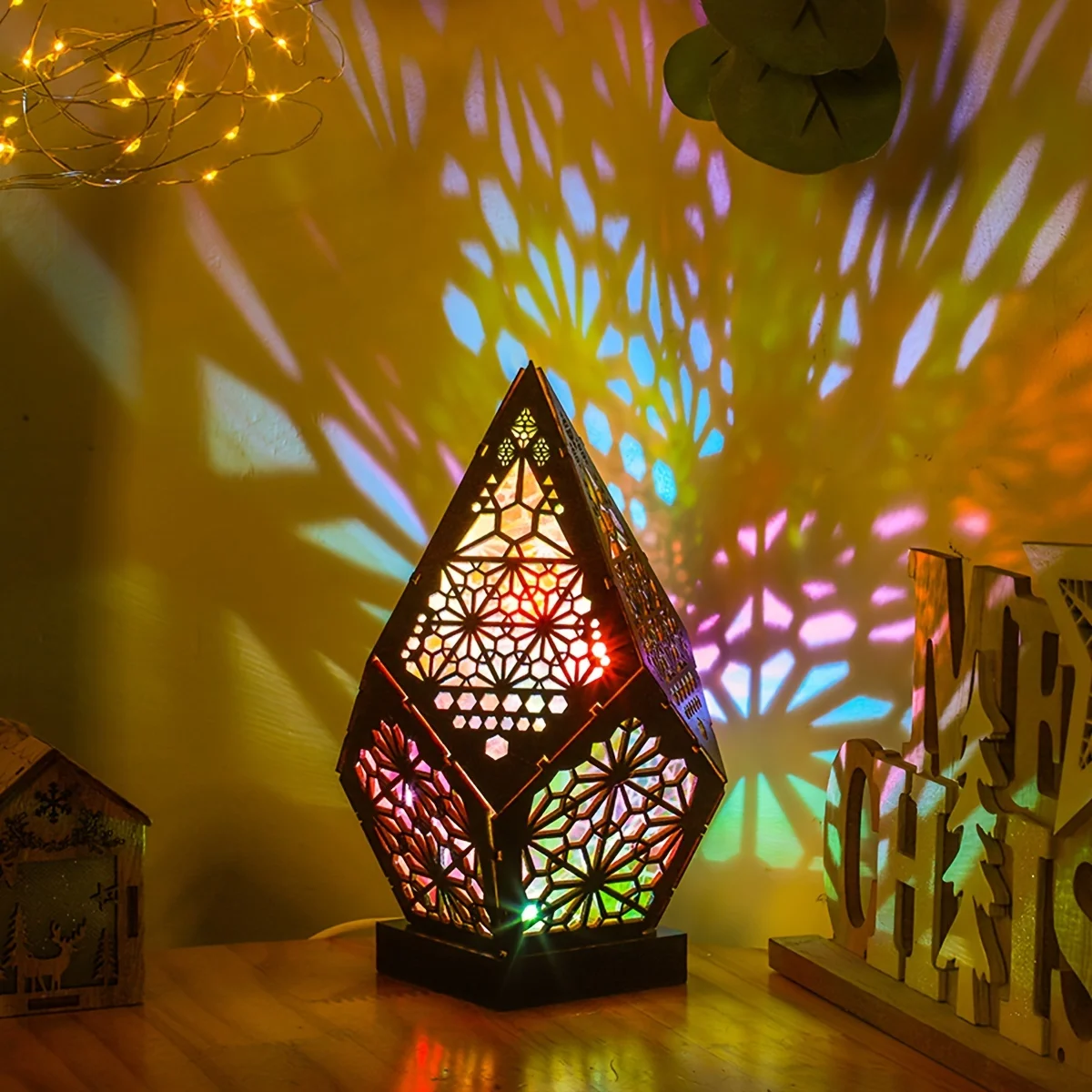 

Rustic Wooden LED Floor Lamp, 7.87in Bohemian 3D Projection, USB Charging, Colorful Diamond Lights, Geometric Hollow Design