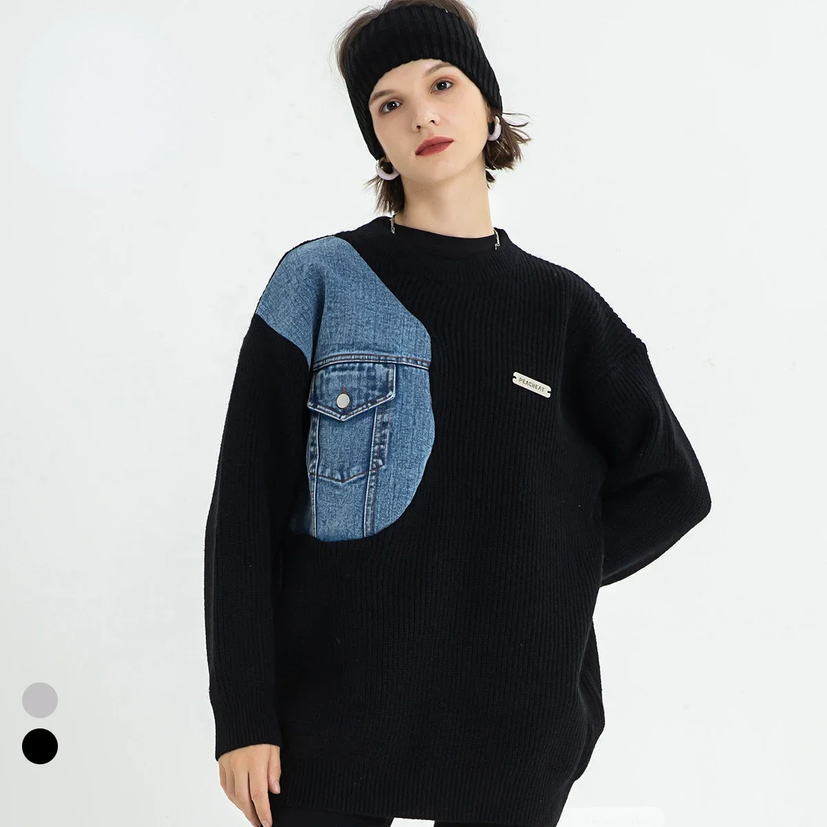 

Sweater Autumn Round Neck Patchwork Knit Contrasting Denim Round Neck Top Pullover