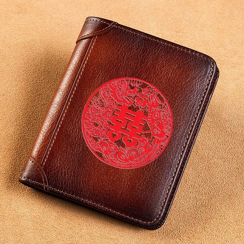 High Quality Genuine Leather Men Wallets Chinese Characters Xi Happiness Short Card Holder Purse Trifold Men\'s Wallet BK3826