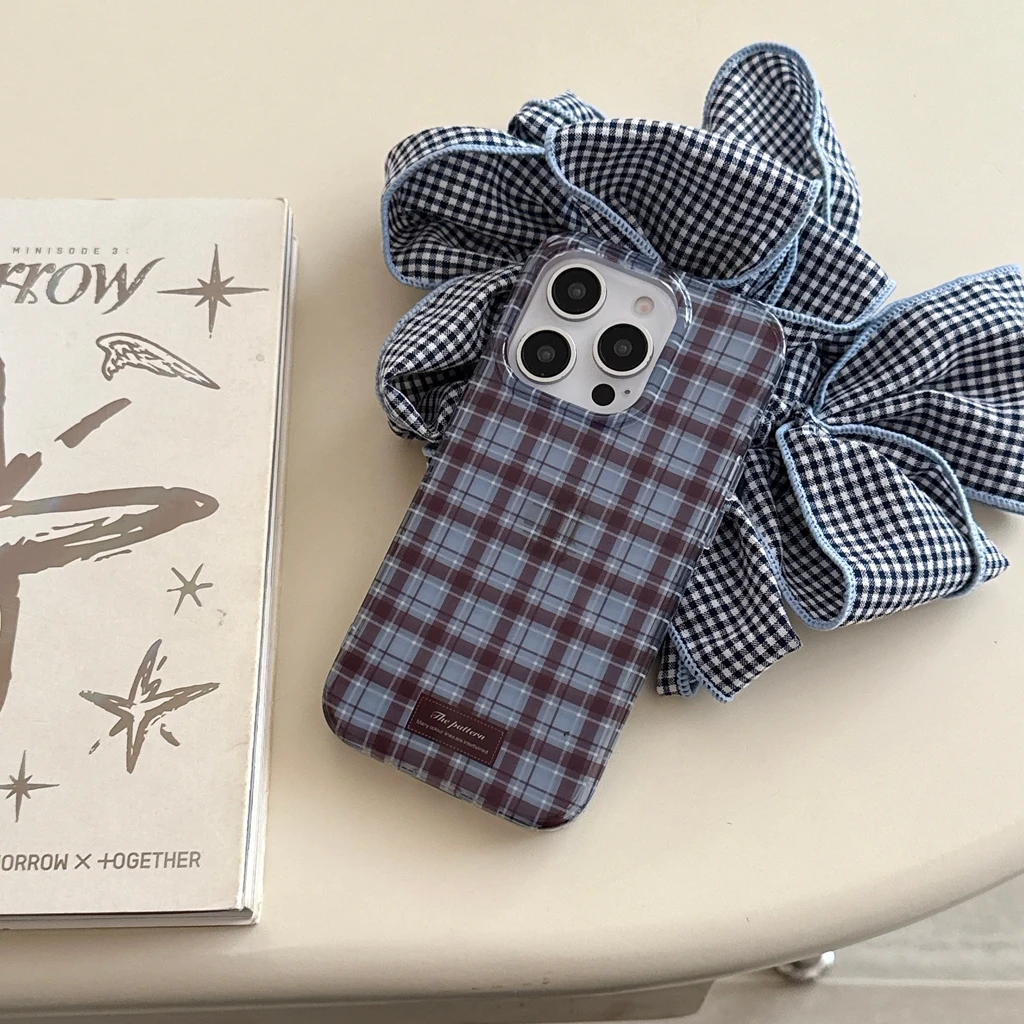 Funda protectora para teléfono con colgante de estrella, diseño de rejilla marrón y azul Simple avanzado, a prueba de golpes, para iPhone 16 15 14 Pro Max