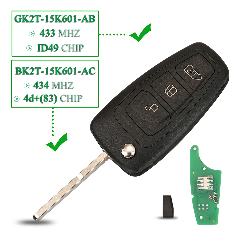 jingyuqin 433Mhz Flip Remote Car Key ID49 GK2T-15K601-AB BK2T-15K601-AC 4D83 Chip For Ford Tourneo Custom 2015- FOB 3 Buttons