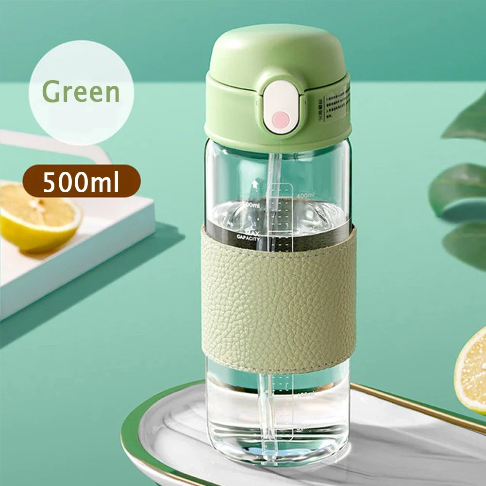 Portable Straw Glass Cup with Scale High Capacity Water Bottle for Boys Girls Leak-proof Wide Mouth for Outdoor Household