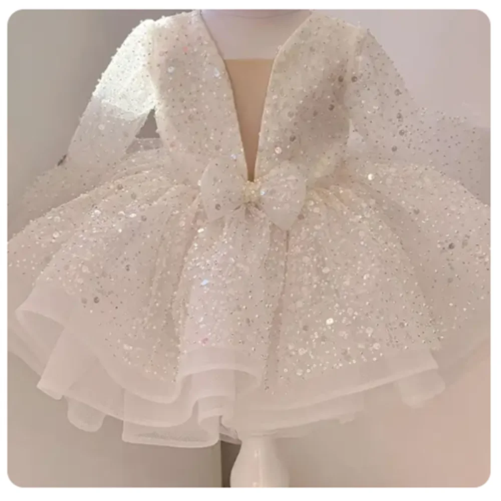 Paarse Organza Schattige Bloem Meisje Jurken Glitter Lovertjes Glanzend Gezwollen Met Strik Fit Bruiloft Prinses Baljurken