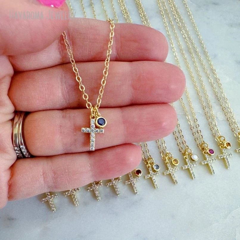 

10Pcs Gold Color Cross Religious Jewelry Birthstone Necklace Mother's Day Christian Baptism Gift