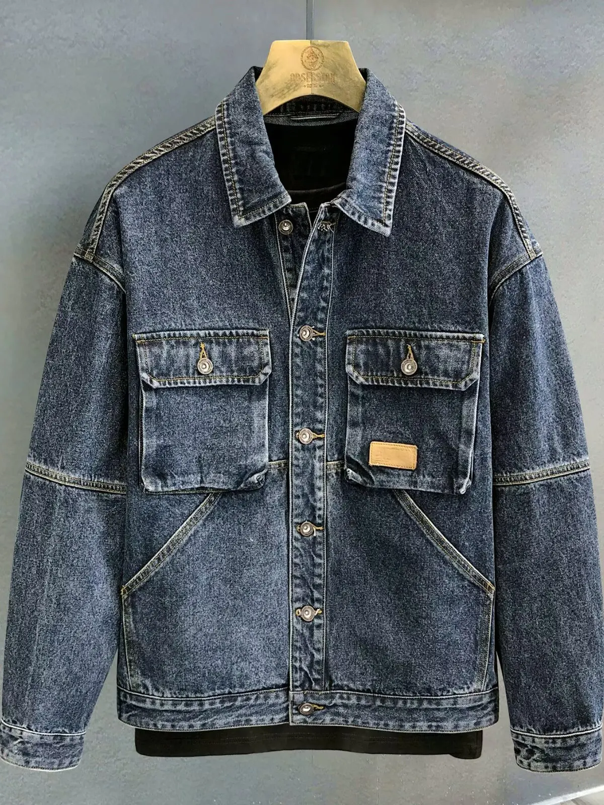 

Worn-look Denim Jaet for Men with Multiple kets Durable Wear Resistant Loose Fit Casual Sle Spring Autumn Faion