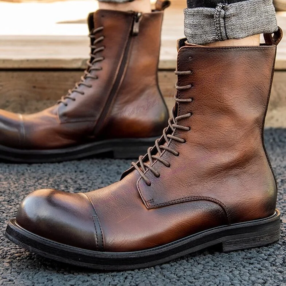 Brown Cross Tied Vintage Boots for Men Round Toe Matte Leather British Style Shoes Handmade Shoes 2023 Zapatos Para Hombres