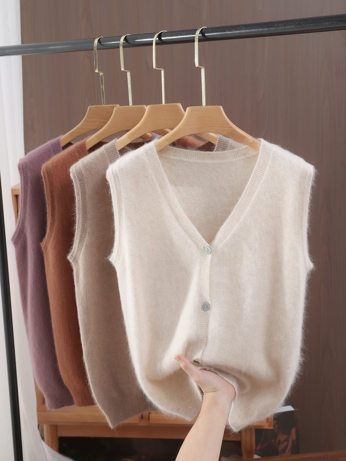 

Women 100% Mink Cashmere Waistcoat Autumn Winter V Neck Soft Comfy Knitted Sweater Simple Style Sleeveless Cardigan Tops