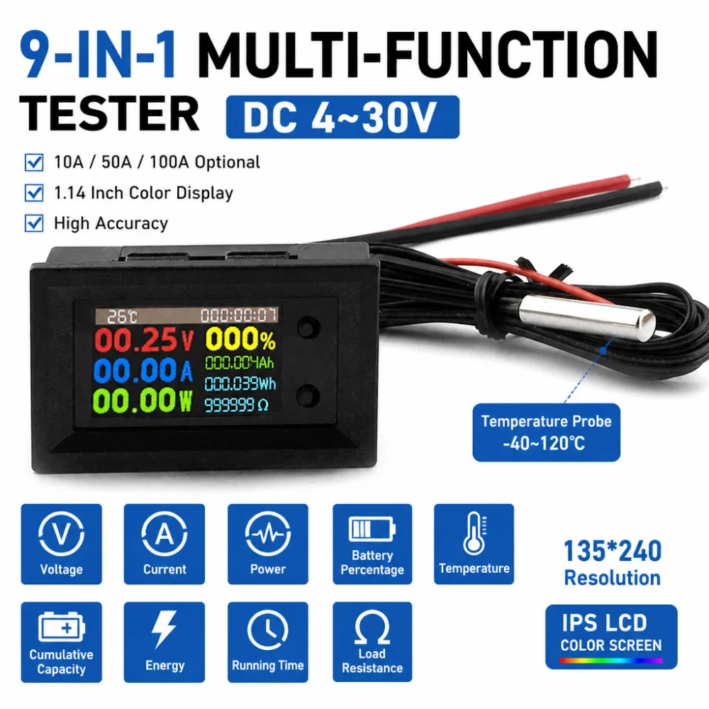 Image of 9-in-1-Voltmeter, Amperemeter und Wattmeter, DC4–30 V, 10 A, 50 A, 100 A, 1,14-Zoll-LCD-Multimeter, Kfz-Überwachungsinstrument