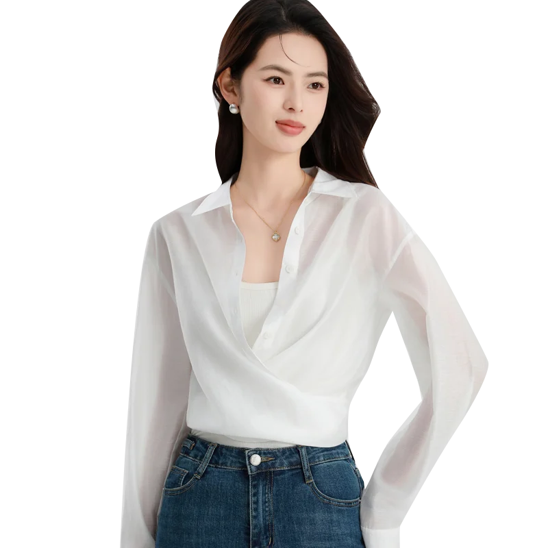 

Sexy Summer Thin Perspective Long Sleeve Chiffon Blouse for Women Casual Sun Protection Shirts Vintage Clothes Elegant White Top