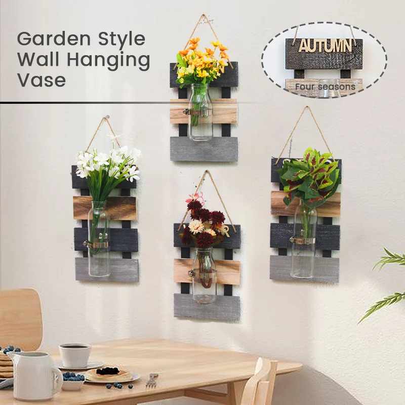 Nordic Style Wall Hanging Glass Hydroponic Plants Vase with Wooden Base Flower Pot Scindapsus Container Art Home Wall Decor