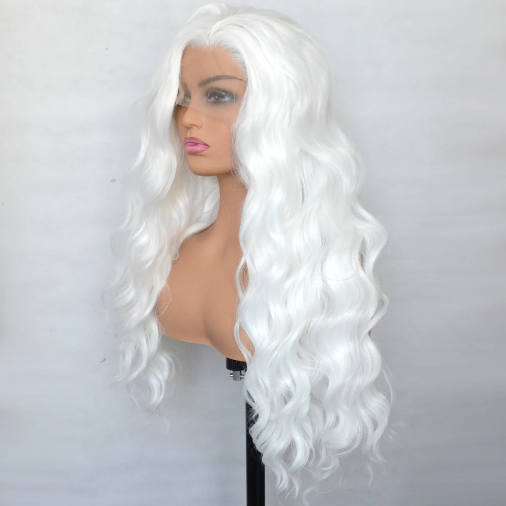 Voguebeauty Platinum White Synthetic Lace Front Wig Loose Curly Heat Resistant Fiber Natural Hairline Cosplay For Women