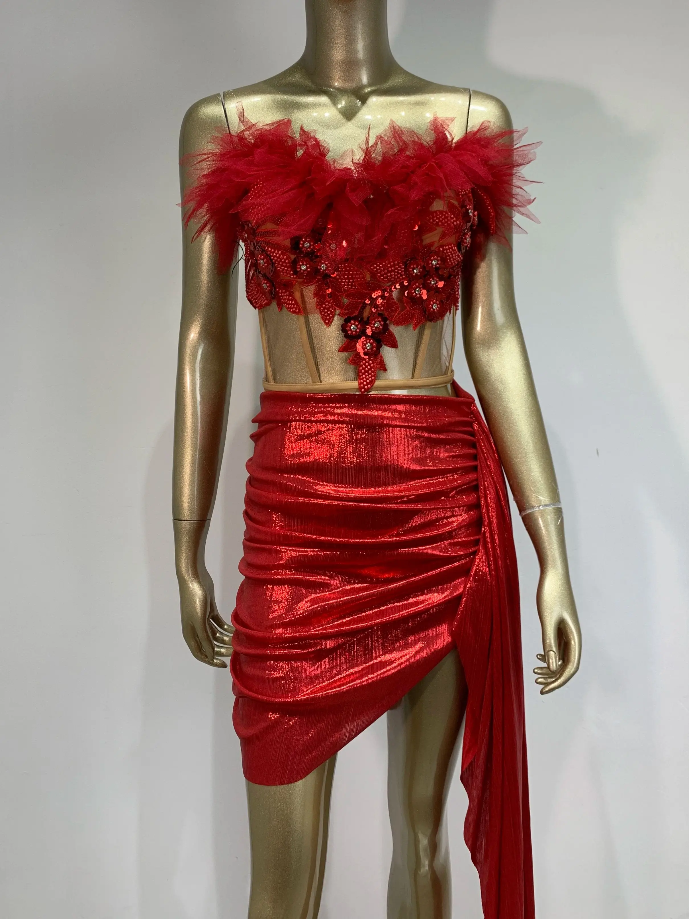 

Women Sexy Strapless Two Pieces Red Mesh Backless Beading Skirt Set Celebrate Birthday Nightclub Singer Stage Show Costume
