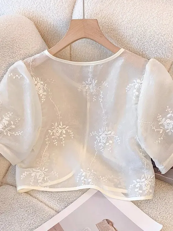 

Chic Embroidered ort Sve irt Women's Outerwear Cardigan Summer Commute Sle Loose Fit round Ne Pure Color Polyester