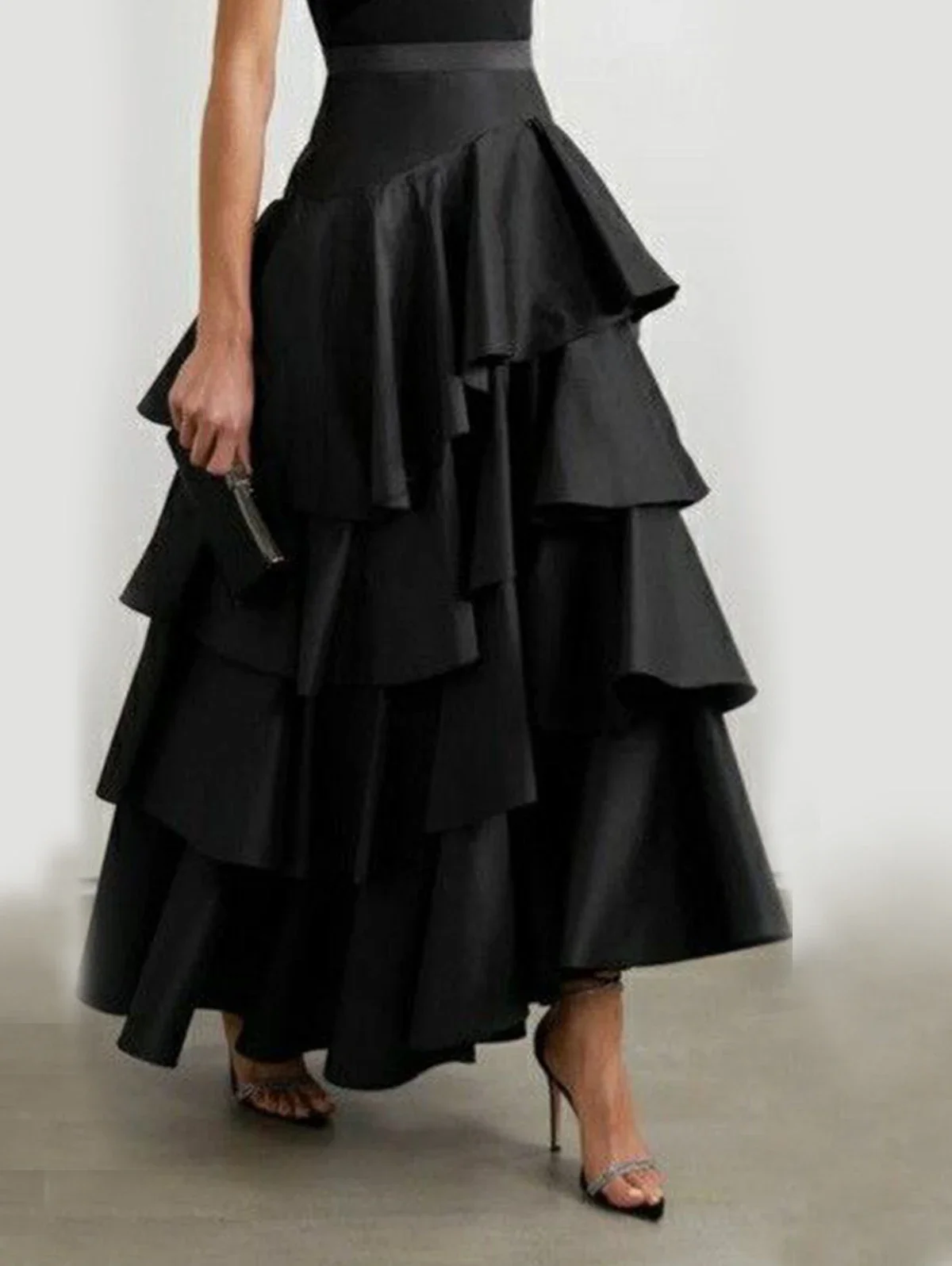 

Women's High Waist Layered Ruffle Maxi Cake Skirt Elegant Party Wedding Guest Y2K Sweet Casual Vintage Black Solid A Line Skirts