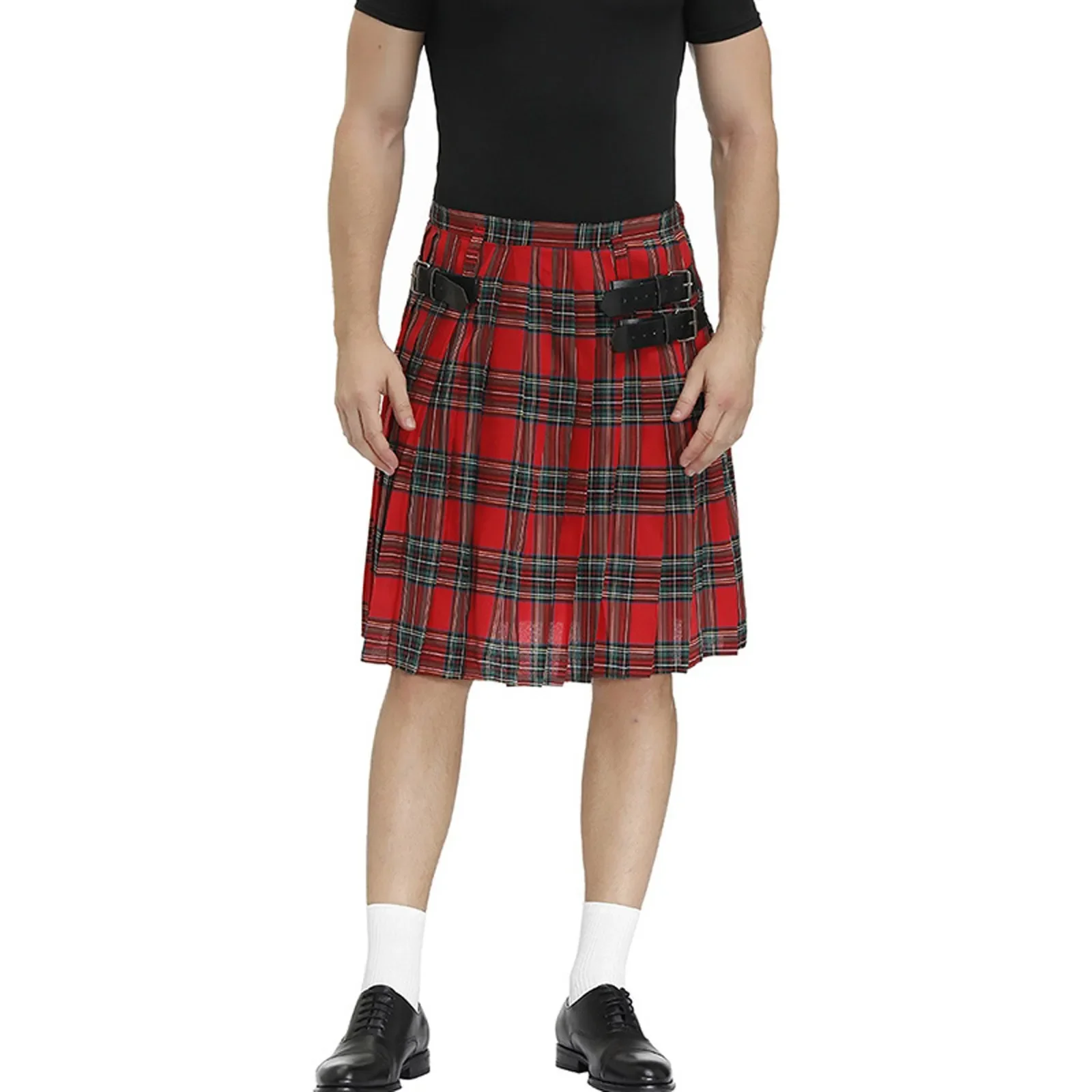 New Men's Plaid Pleated Skirt Scottish Holiday Kilt Costume Traditional Costume Stage Performance Skirt Red Blue Green Brown