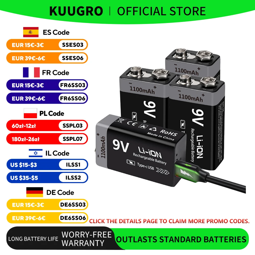 Kuugro USB 9V Rechargeable Battery 1100mAh Type-C Rechargeable 6F22 9V Li-ion Battery for RC Helicopeter Model Multimeter Toy