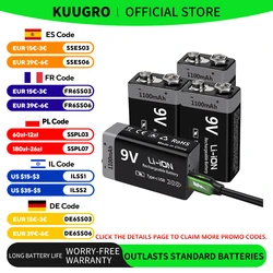 Kuugro 9V Rechargeable Battery 1100mAh USB Type-C Rechargeable 6F22 9V Li-ion Battery for RC Helicopeter Model Multimeter Toy