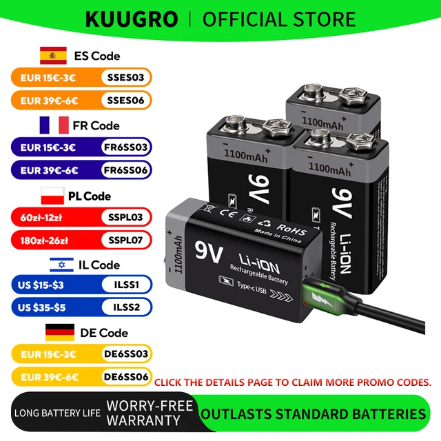 Akumulator USB 9V Kuugro 1100mAh, ładowany przez Type-C, akumulator litowo-jonowy 6F22 9V do helikopterów RC, multimetrów i zabawek.