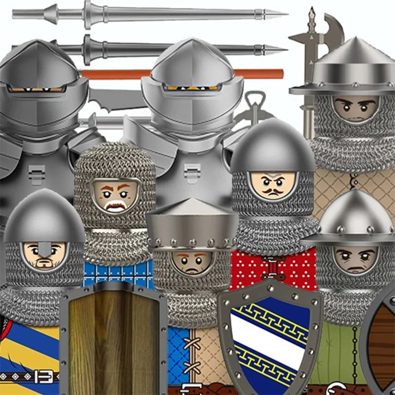 MOC-figuras de la milicia Medieval, bloques de construcción, Castillo, caballeros, soldados militares, escudos de ballesta del ejército, armas, armadura, juguetes de ladrillos