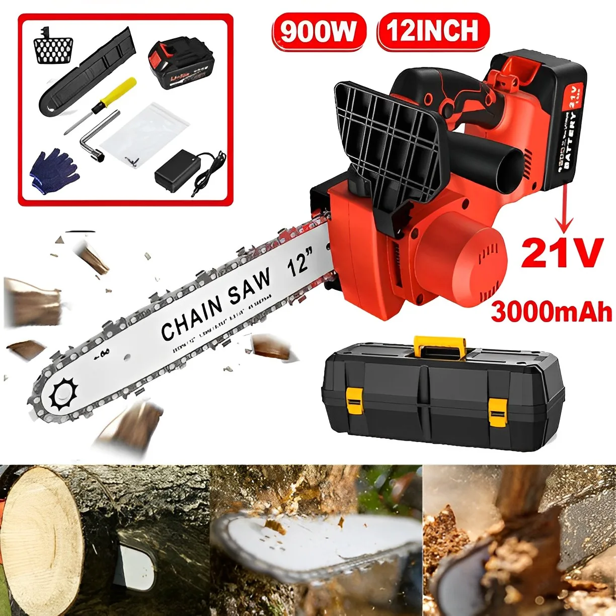 

12 Inch Cordless Electric Chainsaws 21V Handheld Brushless Chain saws Kit with Battery Tool Storage Box for Garden Tree Wood Cut