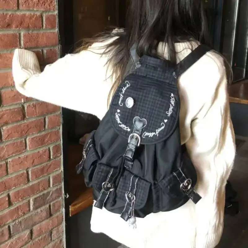 New jean Korean Style Black Backpacks Drawstring Casual Students Bag Chic Large Capacity Tote Bag Heart Y2k Plaid Backpack Girls