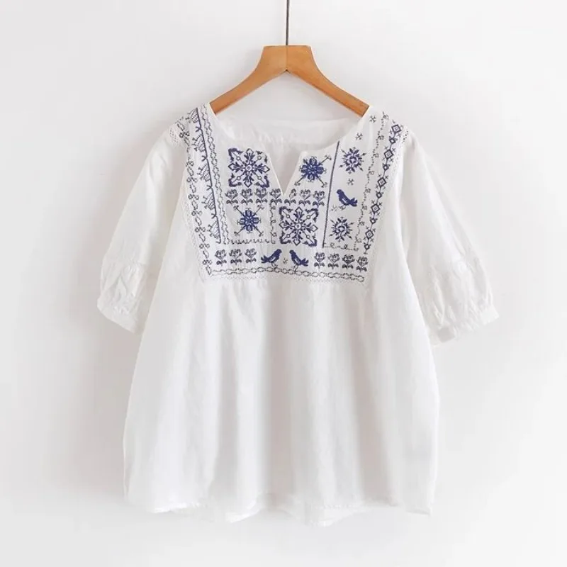 2025 verão novo estilo chinês linho bordado feminino retro literário vintage solto camisa de manga curta topo feminino