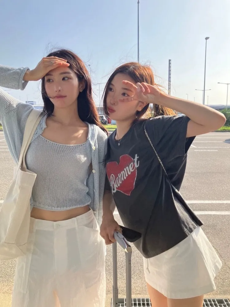 Ele سترة محبوكة و تانك توب طقم مكون من قطعتين لصيف 2025 Dongdaemun Th * Bar * net ثمانية حليب للتنقل Sle فضفاض مناسب