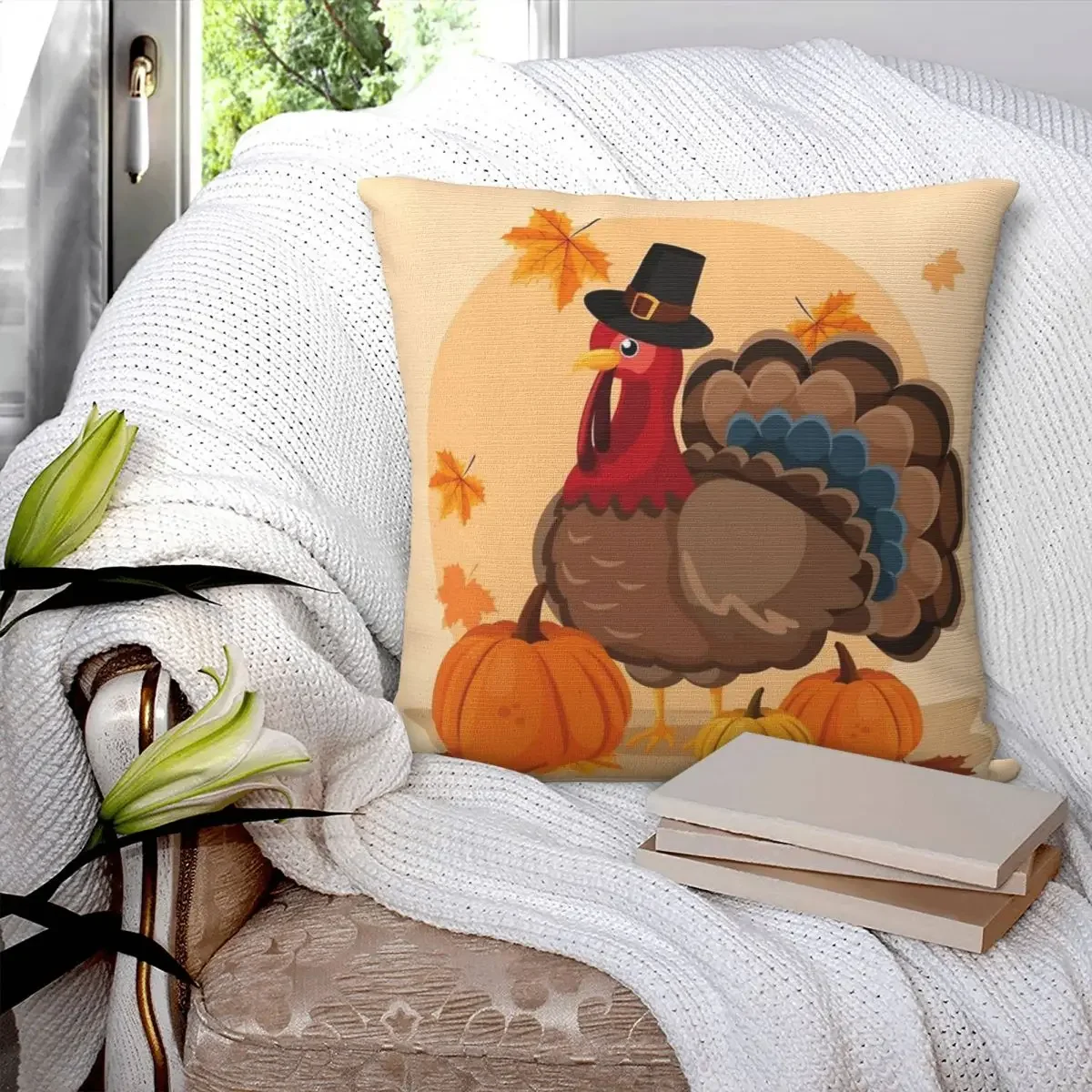 Happy Thanksgiving Pilgrim Turkey Square Pillowcase Polyester Pillow Cover Velvet Cushion Decor Comfort Throw Pillow For Home