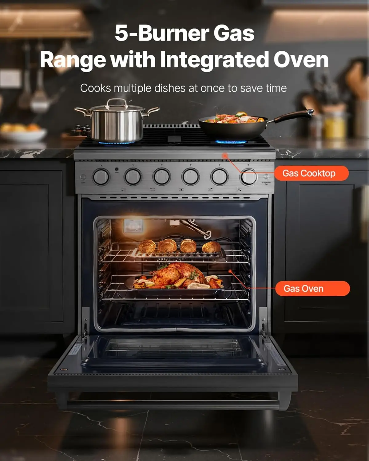 Gas Range Oven, 30 Inches Width, Freestanding Stainless Steel Stove and Oven with 5 Sealed Cooktop Burners, Easy Reach Racks, St