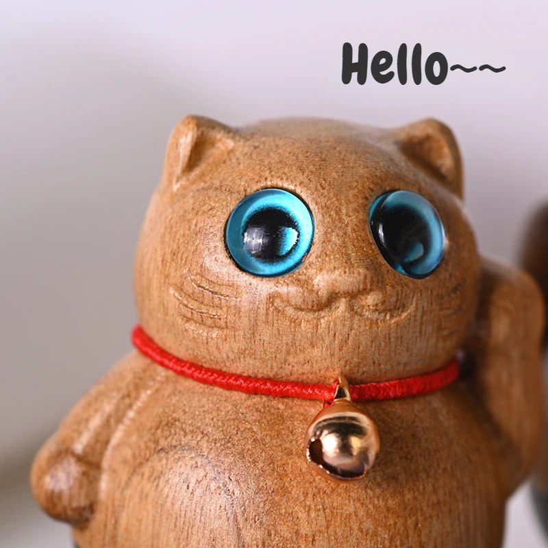 Kawaii Tumbler Wooden Cat Statue Fat Kitty Miniature Figurines Phoebe Hand Carving Sculpture Desk Ornaments Wood Crafts Gift New