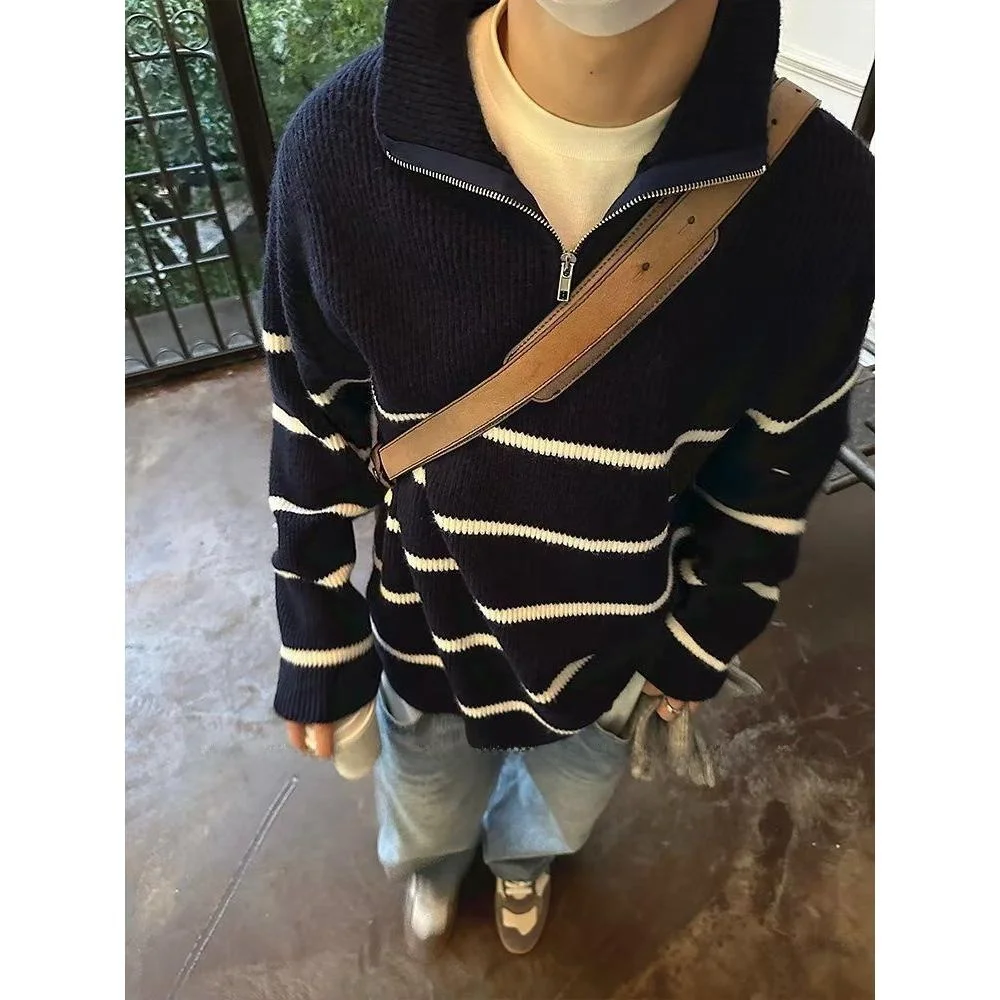 

Lazy Sle f трикотаж на молнии, мужской пуловер в полоску с воротником, зимний повседневный пуловер из полиэфирного волокна, средний мягкий моющийся