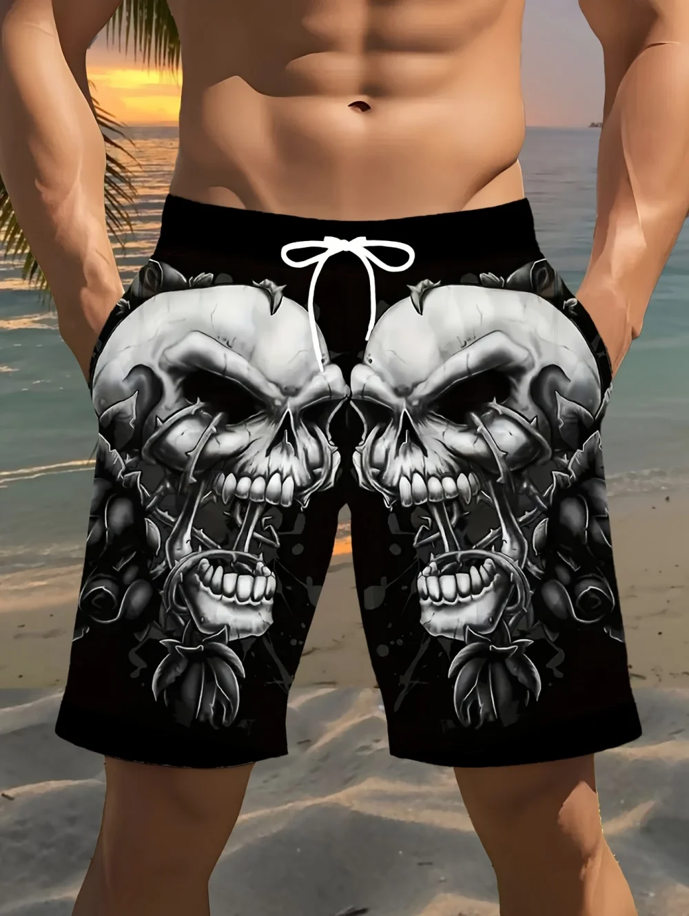 Men's Fashion 3D Print Skull Pattern Summer Casual Shorts Quick-Drying Short Pants Vacation Fashion Shorts Street Men's Clothes