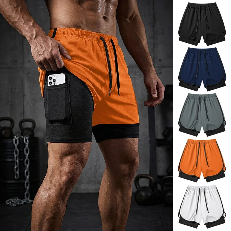 Men's Sports 2-in-1 Running Training Pants Phone Pocket Towel Pocket Gyms Fitness Quick-drying Elastic Shorts High-performance