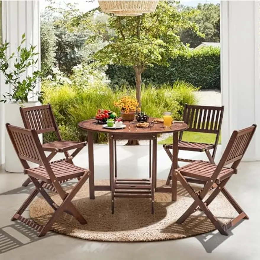 Ensemble de salle à manger en bois d'acacia, table et chaises d'extérieur, 4 chaises pliantes, table mobile ronde de 37 po, meubles, 5 pièces