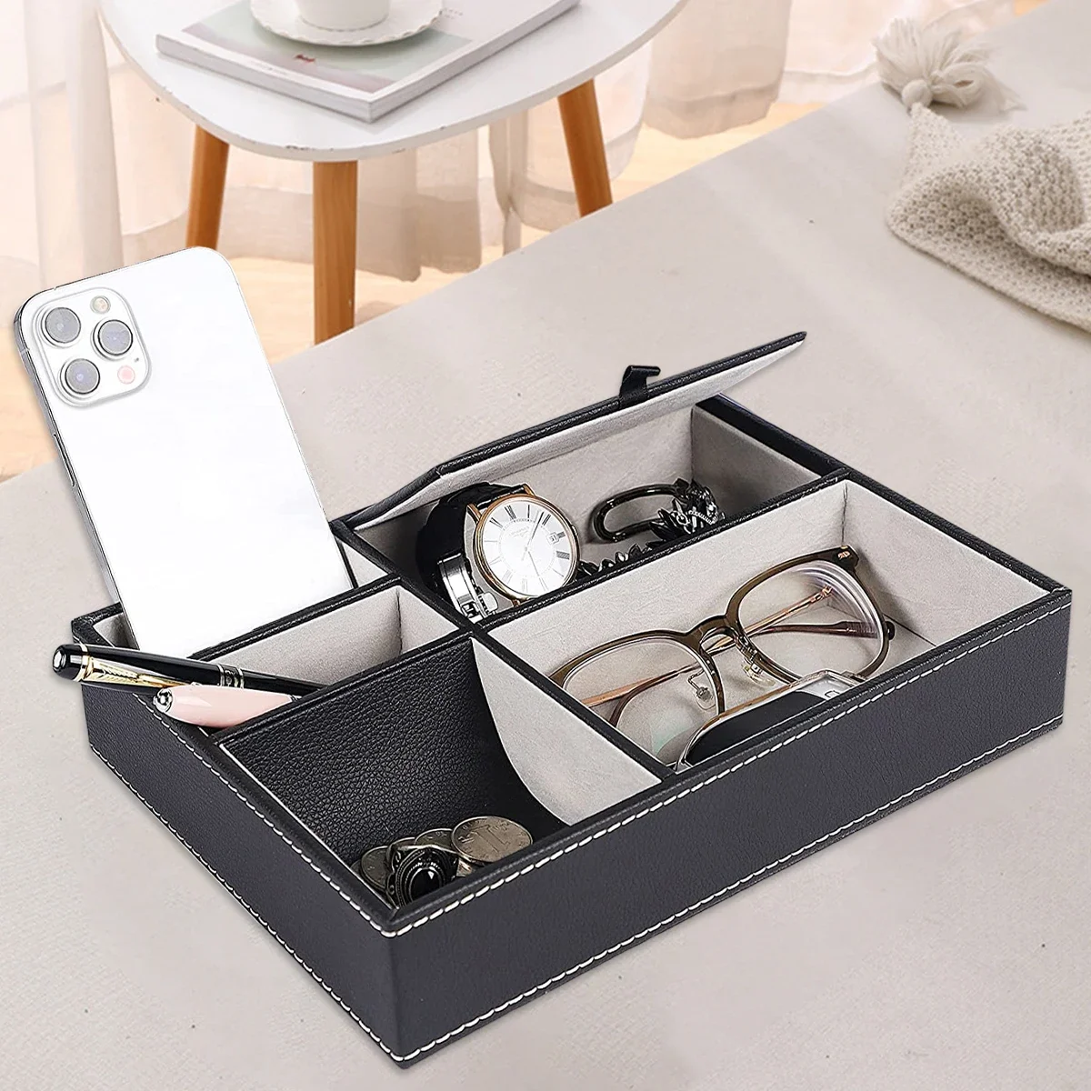 

Valet Tray with 5 Compartments Decent Valet Tray Organizer Durable Faux Leather Nightstand Organizer Valet Dresser Box NEW