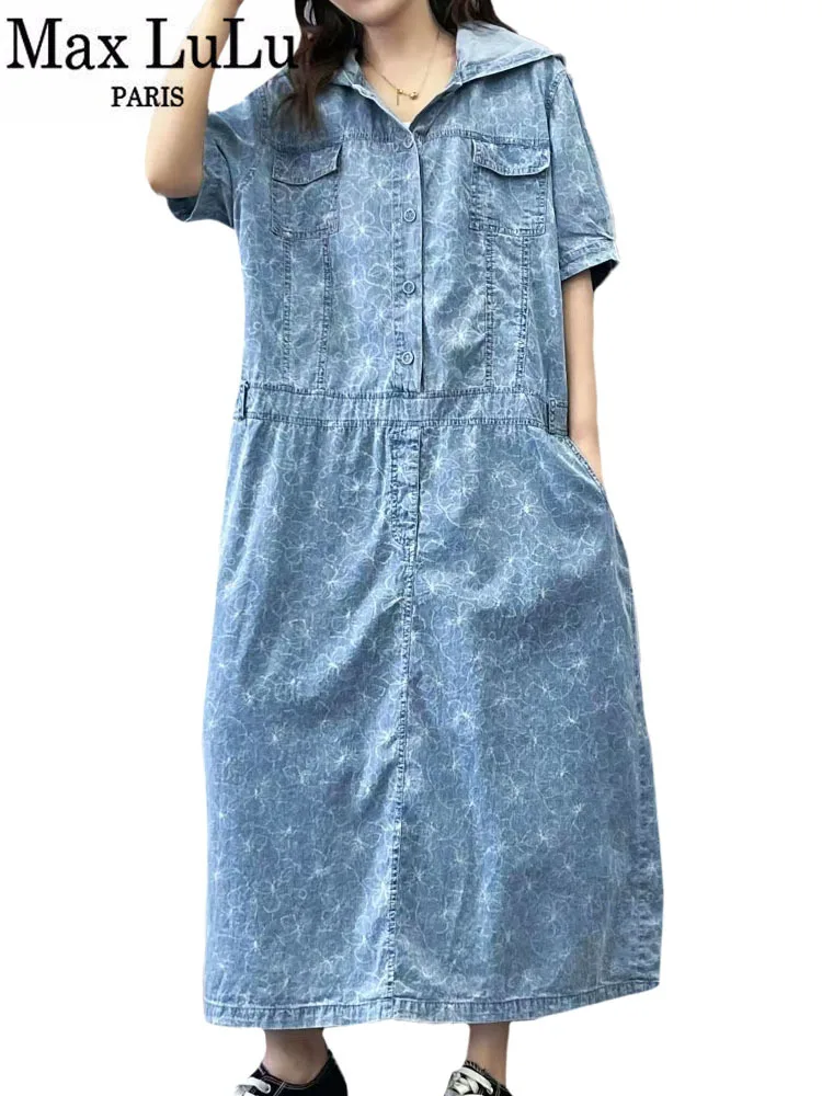 Max LuLu 2023 Summer Long Clothes Womens Fashion Loose Printed Denim Hooded Dresses Korean Ladies Luxury Elegant Floral Vestidos