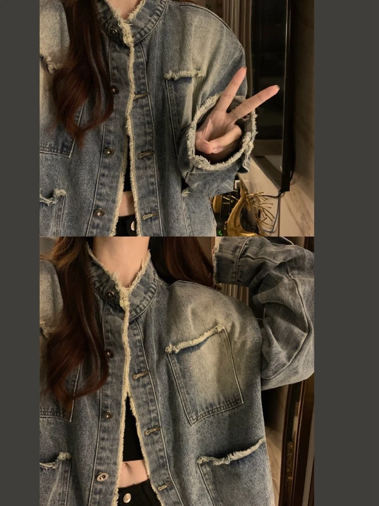 

Denim Coat Jacket Woman Womens Spring Spliced Balloon Sleeved Hiking Festival Romantic O-Neck Youth Matching Lacework Dopamine