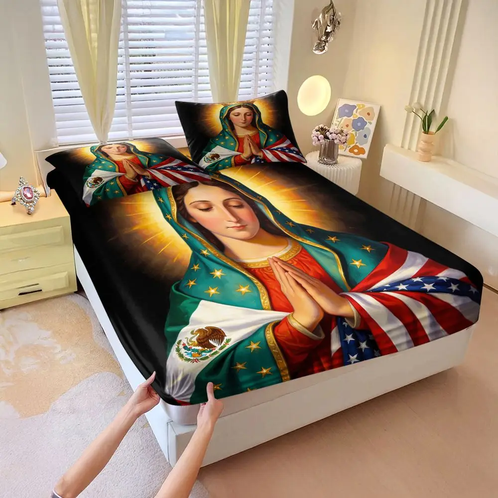 Virgin Mary Mexico USA Flag Print Fitted Sheet Set Bed Sheet Set Digital Printed Bedding Soft Elastic Fabric For Home Decor
