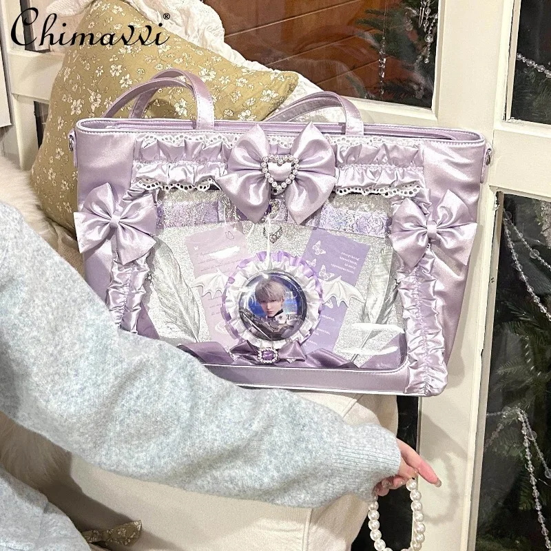 Japanese Style Sweet Satin Princess Pain Bag 2026 New Cute Bow Heavy Pearl Lace Tote Bag Kawaii Girl Women's Elegant Handbag