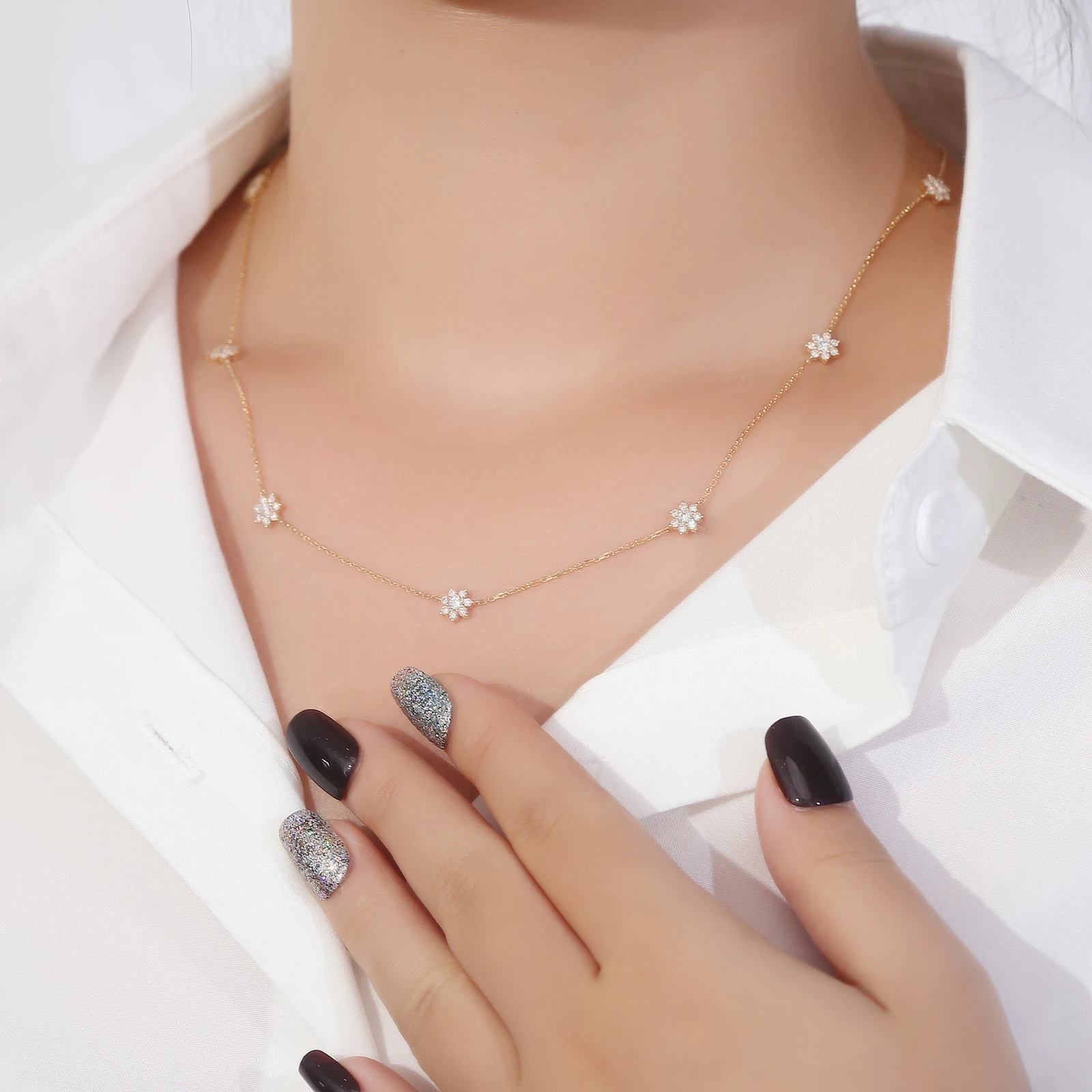 Provence 10K Gold Lab Grown Diamond Flower Station Necklace Dainty Chain Wedding Anniversary Daily Wear Gift Jewelry for Women