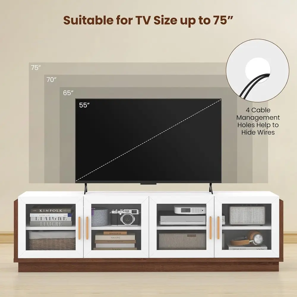 75 TV Stand Entertainment Center with Glass Doors, Adjustable Shelves, Cable Management, 70 x 16 x 20 for Living Room, Bedroom view 2