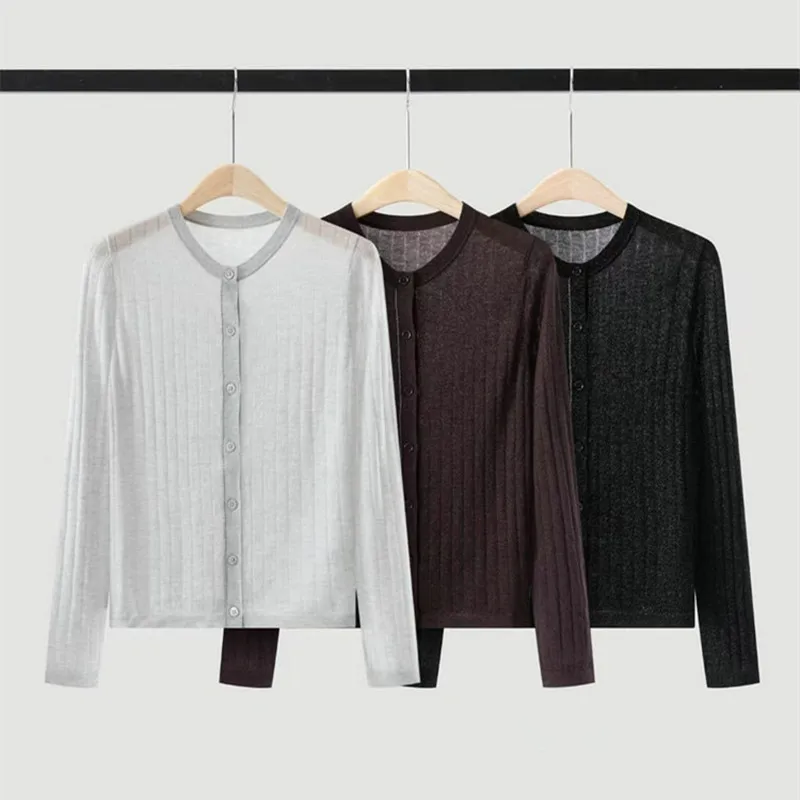 Women's 2026 Autumn Winter New Bead Chain Round Neck Knitted Cardigan Wool Shining Top