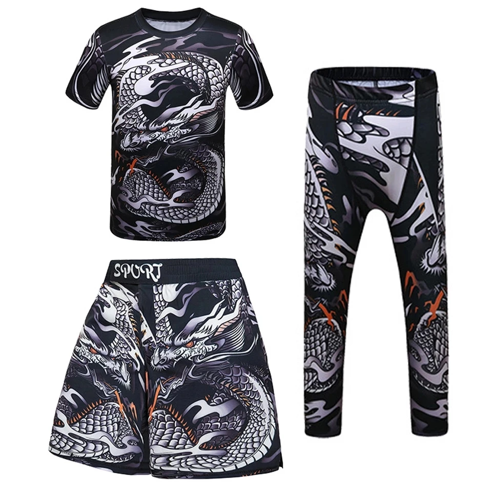 Koszulka dziecięca MMA Boxing Jiu jitsu + szorty MMA zestawy Rashguard Muay Thai Boy rajstopy uciskowe dzieci BJJ Kickboxing koszulki