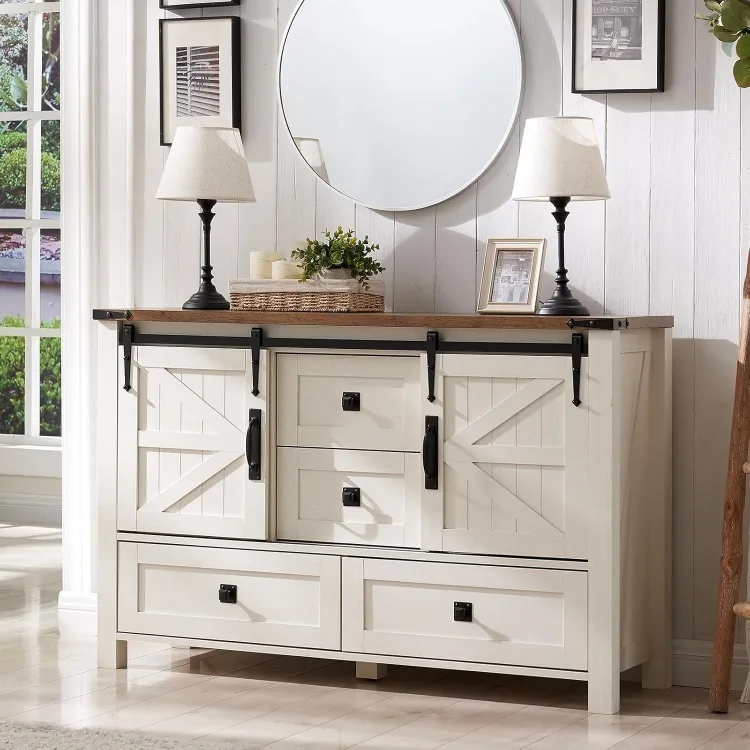 Farmhouse Dresser for Bedroom w/4 Drawers & Sliding Barn Doors, 48'' Wide Chest of Drawers, Rustic Dresser TV Stand w/Shelf