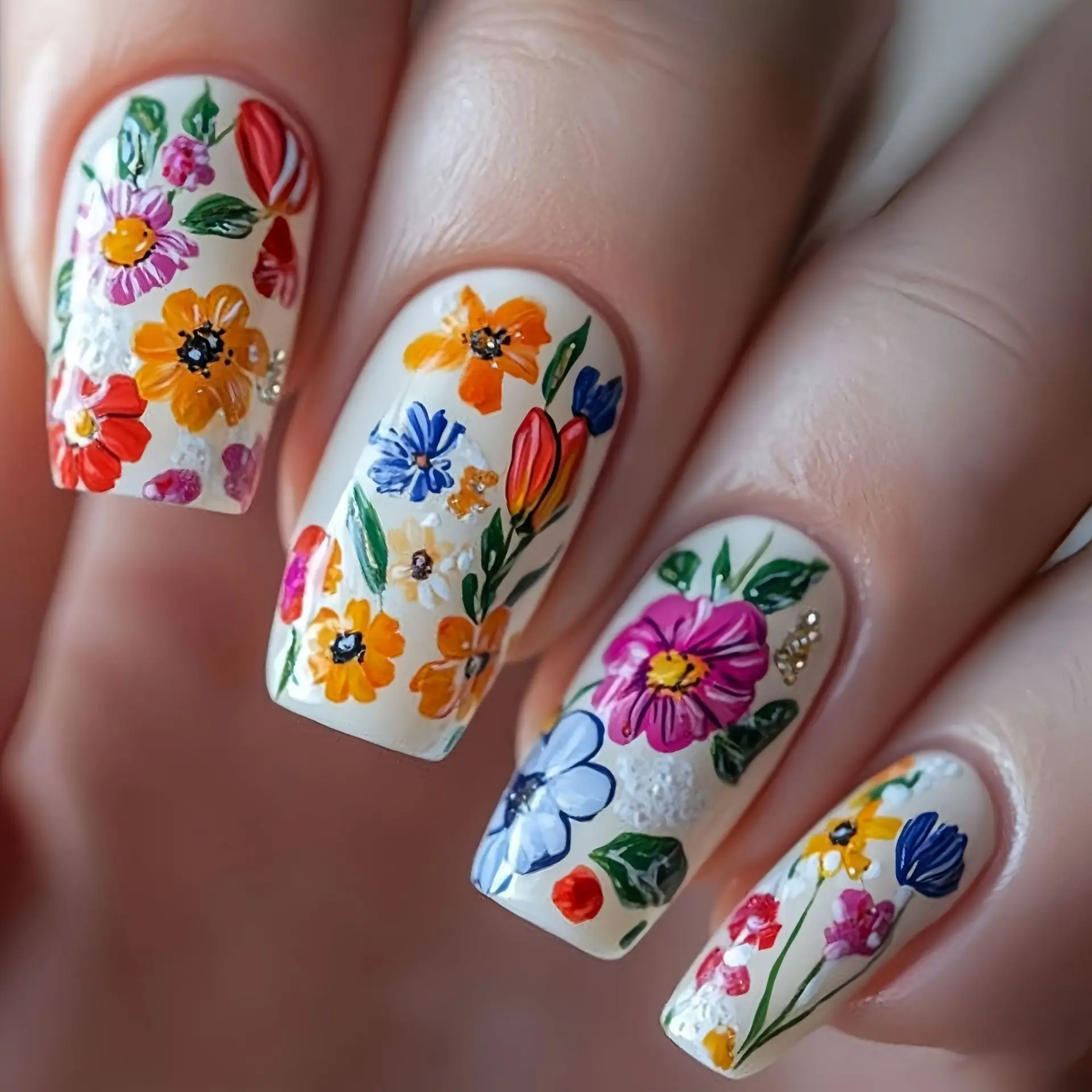 24 pezzi / set unghie finte medio lunghe per la primavera estate bellissimi fiori funghi api punte quadrate di mandorle carine premere sulle unghie finte