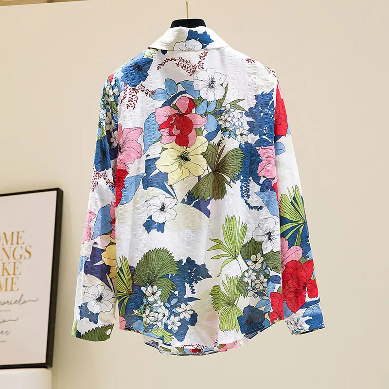 Floral Printing Vintage Polo-Neck Single Breasted Long Sleeve Women\'s Blouse Shirt Casual Female Clothing Tops Fashion Blouses