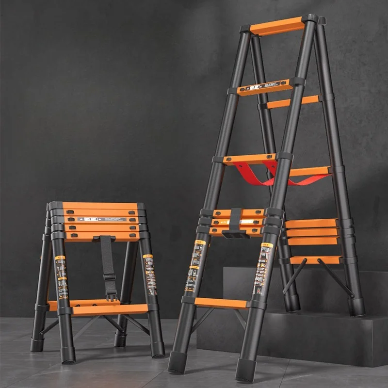 Thickened Carbon Steel Telescopic A-Frame Ladder, Multi-Function Folding Ladder with Wheels,Portable Heavy Duty Home Engineering