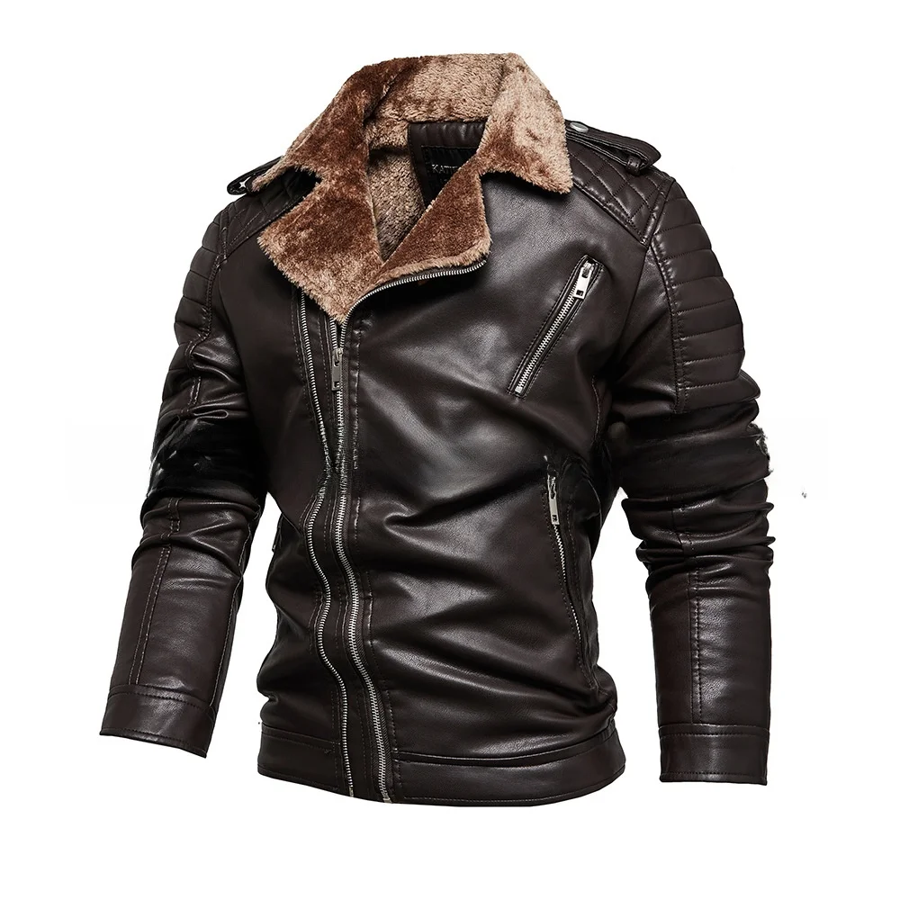 

New Men's Winter Faionable Leather Jaet Inteated Fur Suit Collar Men's Outerwear Straight Hem Youth PU Leather Coat